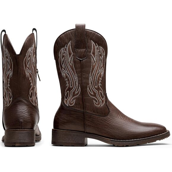 Jousen Mens Amy8420-darkbrown Embroidery Retro Square Toe Chunky Heeled Boots - Picture 5 of 8